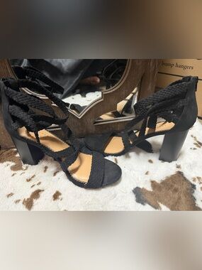 LC Lauren Conrad Black Braided Lace-Up Block Heel Sandals